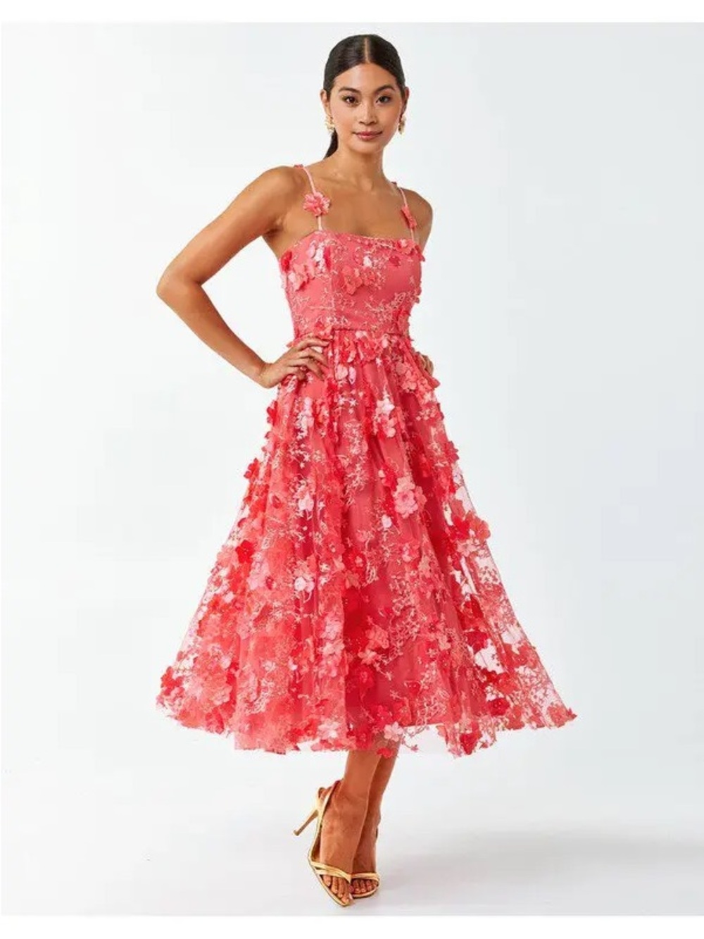Coral Pink Floral Applique Midi Dress NWT Small